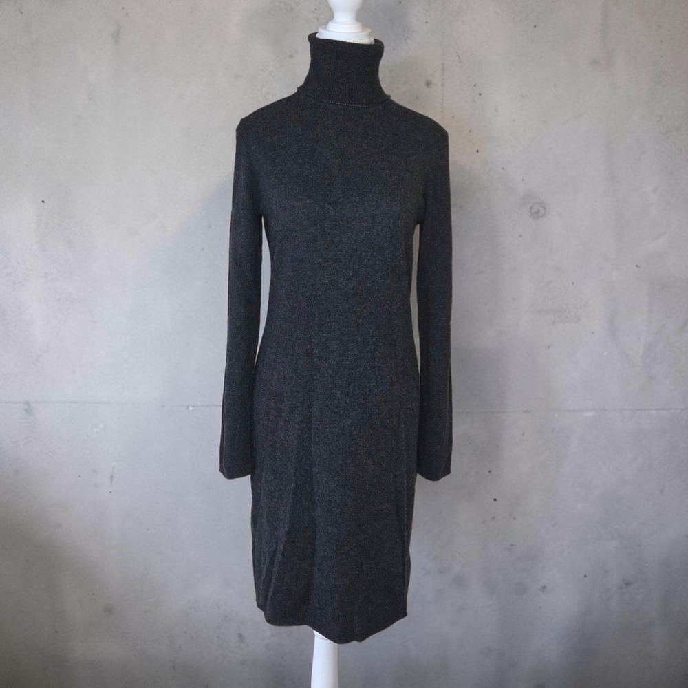 Cashmere Womens Gray Turtleneck Long Sleeve Knit Sweater Dress Midi Length